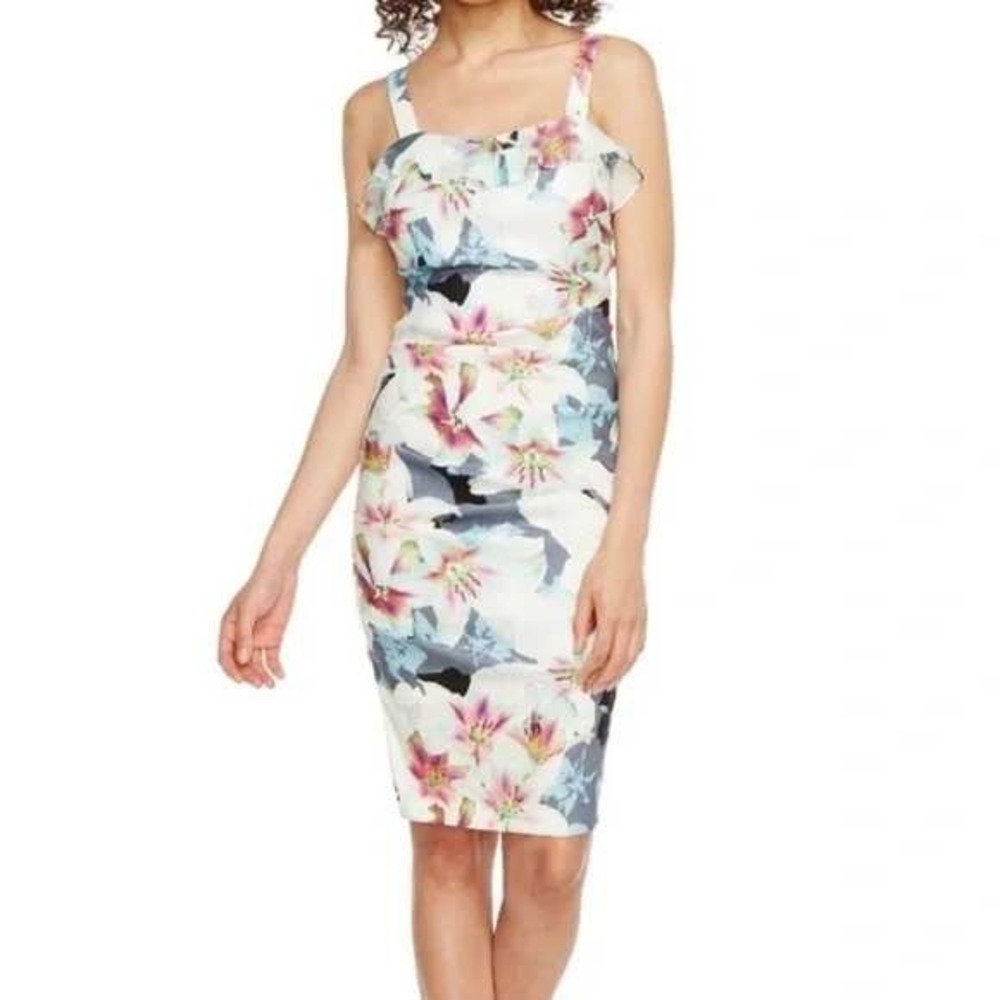 Nicole Miller Dress Womens 4 White‎ Blue Floral Linen Blend Liza Midi Cocktail